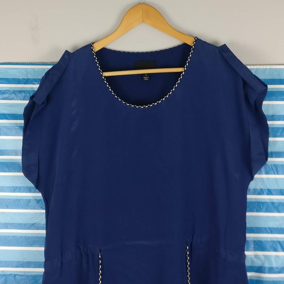 Silk Dress, 100% Silk, GREYLIN The Sailor Cinched High-Low Belted Dress Blue, S - Picture 2 of 9